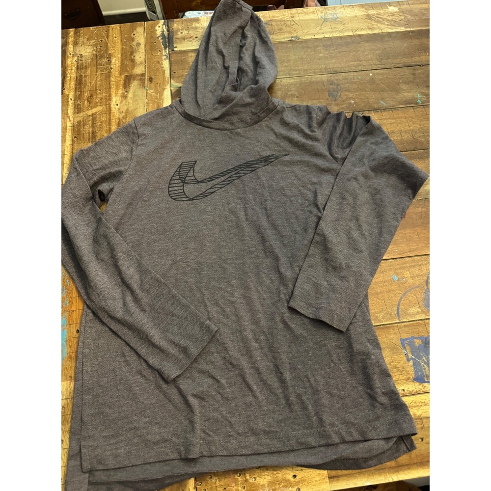 Nike Mens XL Dri-FIT Hooded Training Shirt Gray Long Sleeve Swoosh Graphic